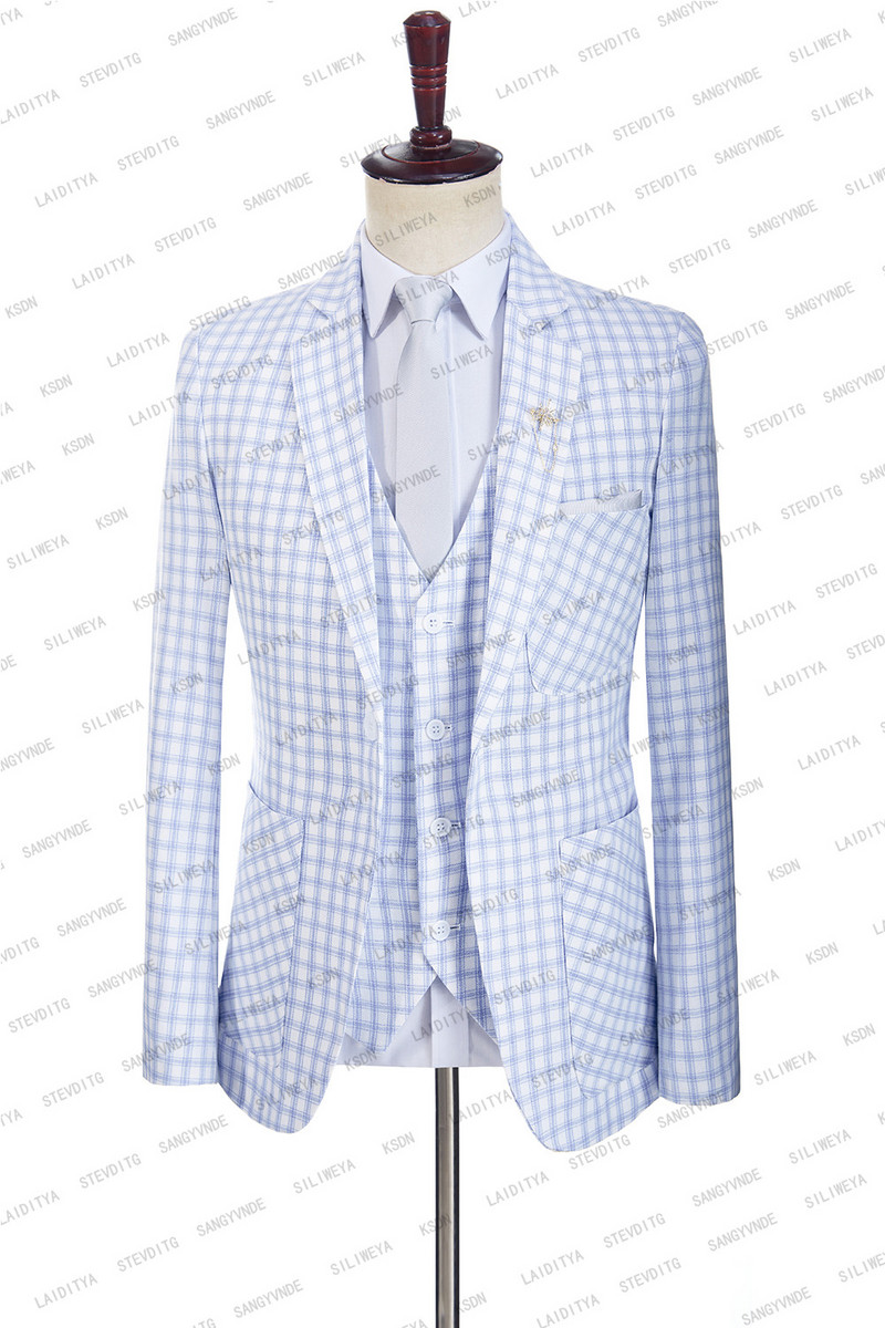 Férfi esküvői új 2023 nyári üzleti formális kék kockás vászon öltöny luxus fitt kabát nadrág férfi ruha blézer nadrág mellény 3 részes