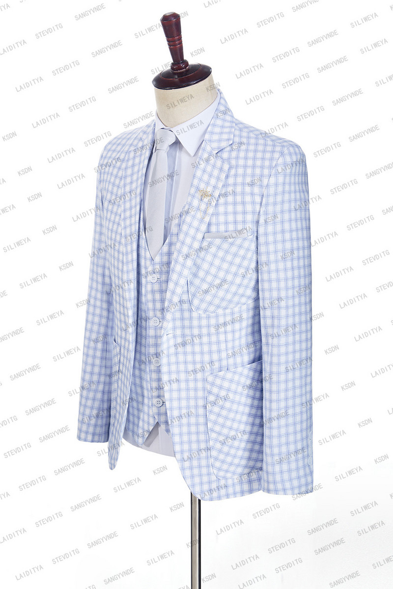 Férfi esküvői új 2023 nyári üzleti formális kék kockás vászon öltöny luxus fitt kabát nadrág férfi ruha blézer nadrág mellény 3 részes