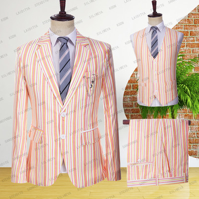 2023 Férfi vászonruhák nyári új rózsaszín csíkos blézerek kényelmes légáteresztő kabát mellény nadrág 3 db szett