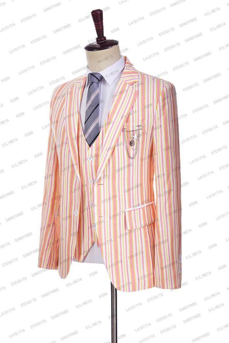 2023 Férfi vászonruhák nyári új rózsaszín csíkos blézerek kényelmes légáteresztő kabát mellény nadrág 3 db szett