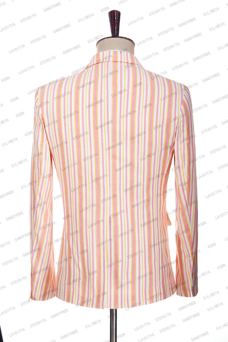 2023 Férfi vászonruhák nyári új rózsaszín csíkos blézerek kényelmes légáteresztő kabát mellény nadrág 3 db szett