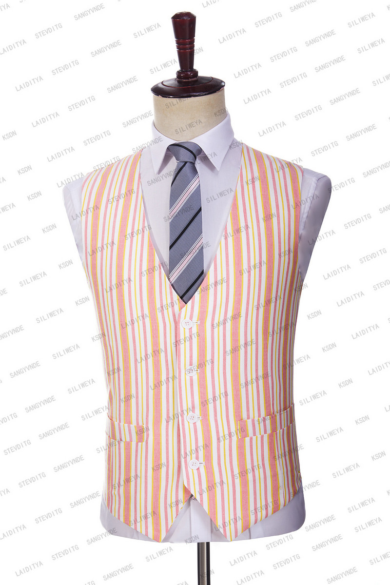 2023 Férfi vászonruhák nyári új rózsaszín csíkos blézerek kényelmes légáteresztő kabát mellény nadrág 3 db szett