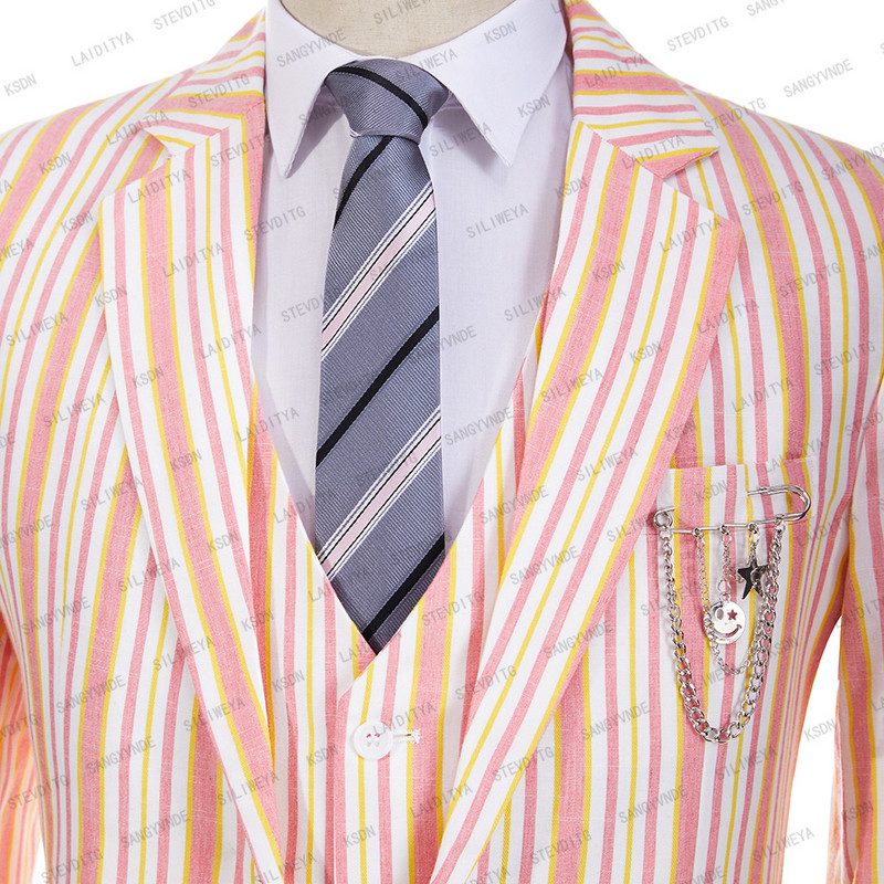 2023 Férfi vászonruhák nyári új rózsaszín csíkos blézerek kényelmes légáteresztő kabát mellény nadrág 3 db szett