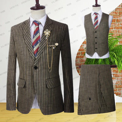 2023-as fekete csíkos üzleti férfi öltönyök, 3 részes karcsú szabású vőlegény báli szmokingok esküvőre, férfi divatblézer