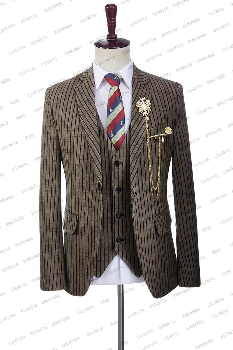 2023-as fekete csíkos üzleti férfi öltönyök, 3 részes karcsú szabású vőlegény báli szmokingok esküvőre, férfi divatblézer