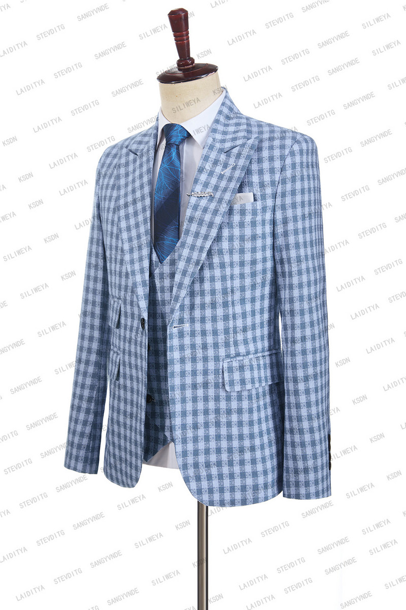 2023 Klasszikus rácsos farmerkék férfi öltönyök háromrészes divatos esküvői öltöny dzseki férfi szmoking kiváló minőségű alkalmi alkalom