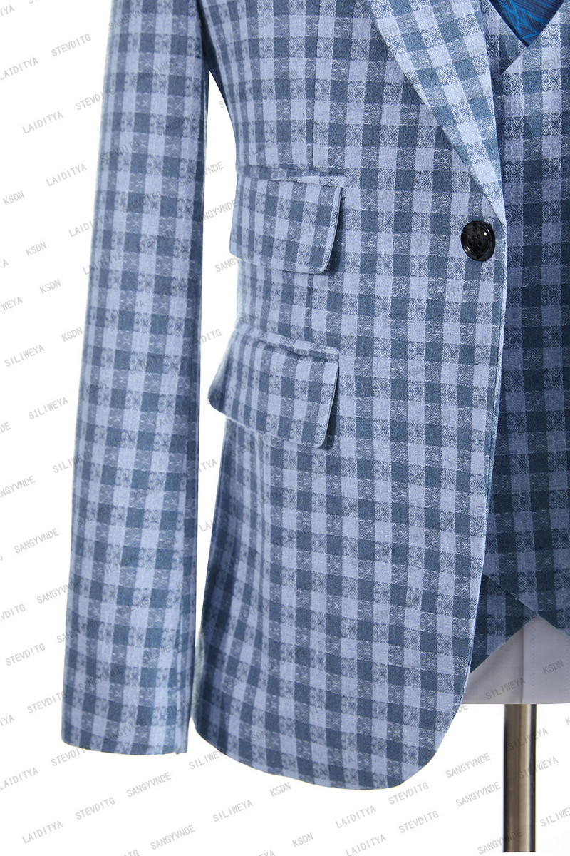 2023 Klasszikus rácsos farmerkék férfi öltönyök háromrészes divatos esküvői öltöny dzseki férfi szmoking kiváló minőségű alkalmi alkalom