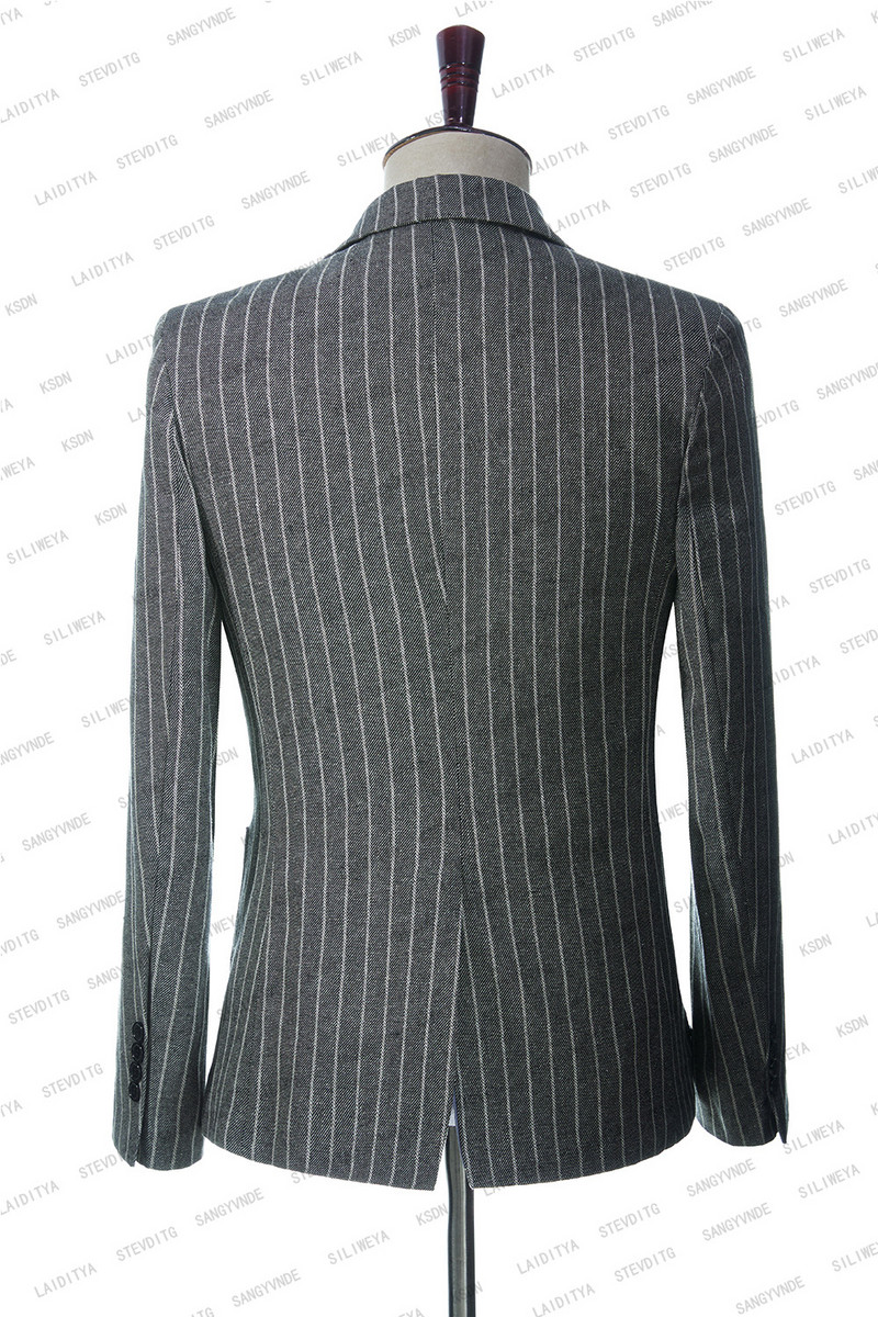 2023-ban új érkezés, karcsú, szürke csíkos lenvászon üzleti öltönyök férfiaknak, bevágott hajtókás vőlegény szmoking esküvői 3 részes, formális férfi divat