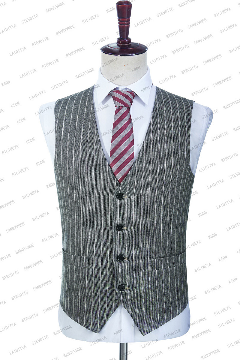 2023-ban új érkezés, karcsú, szürke csíkos lenvászon üzleti öltönyök férfiaknak, bevágott hajtókás vőlegény szmoking esküvői 3 részes, formális férfi divat