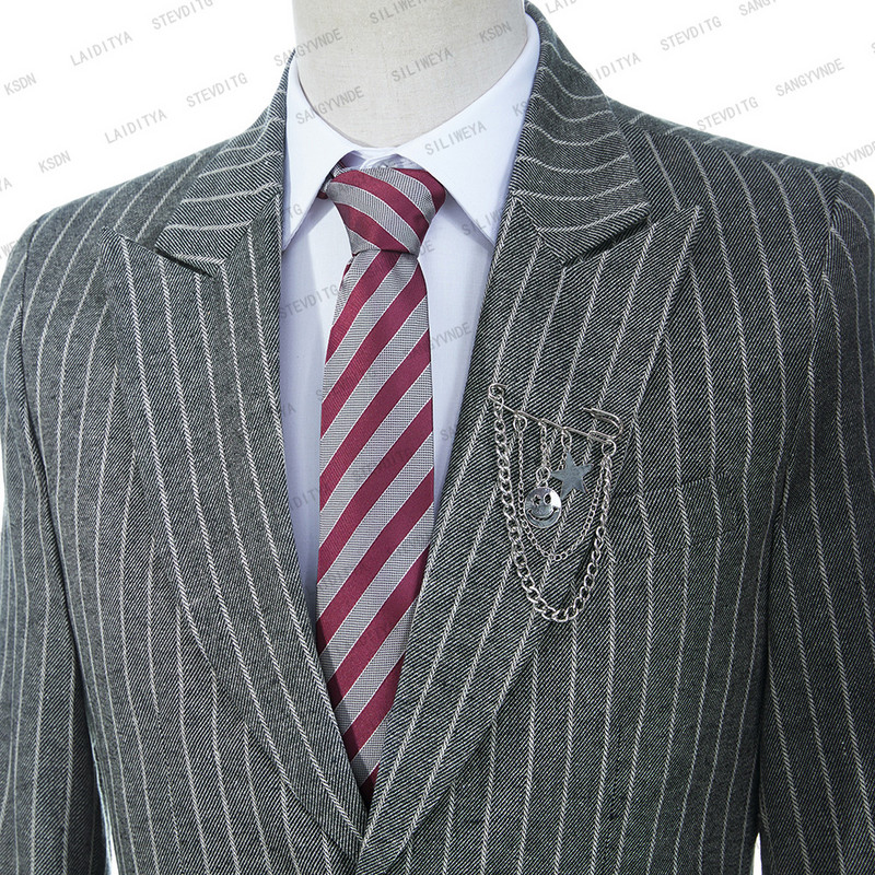 2023-ban új érkezés, karcsú, szürke csíkos lenvászon üzleti öltönyök férfiaknak, bevágott hajtókás vőlegény szmoking esküvői 3 részes, formális férfi divat