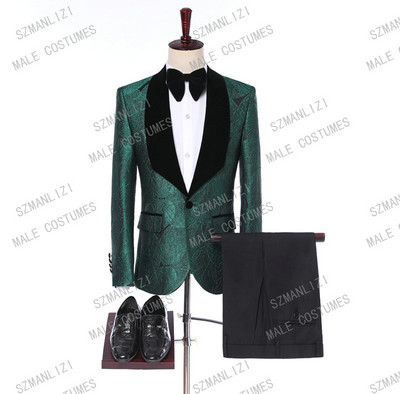 SZMANLIZI Kétsoros fekete arany virágos jacquard karcsú férfi öltöny esküvői vőlegény szmoking kabát nadrág Terno Masculino