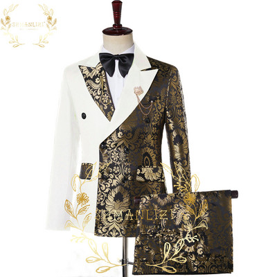 SZMANLIZI Kétsoros fekete arany virágos jacquard karcsú férfi öltöny esküvői vőlegény szmoking kabát nadrág Terno Masculino