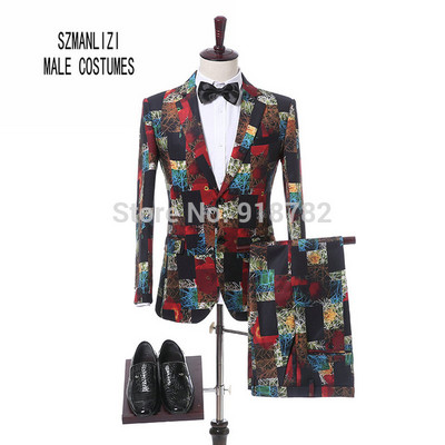 SZMANLIZI Kétsoros fekete arany virágos jacquard karcsú férfi öltöny esküvői vőlegény szmoking kabát nadrág Terno Masculino