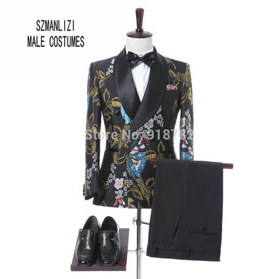 SZMANLIZI Kétsoros fekete arany virágos jacquard karcsú férfi öltöny esküvői vőlegény szmoking kabát nadrág Terno Masculino