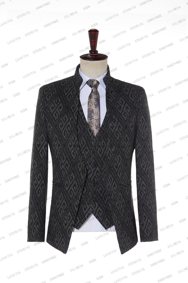 2023-as divatos fekete-kék vegyes betűs Partten férfi karcsú szabású üzleti öltöny Férfi Kiváló minőségű 3 darab (kabát+mellény+nadrág)