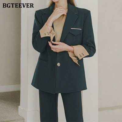 BGTEEVER Elegáns Patchwork női nadrágkosztüm őszi téli hosszú ujjú karcsú blézer és egyenes nadrág 2021 női 2 részes szett