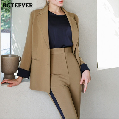 BGTEEVER Elegáns Patchwork női nadrágkosztüm őszi téli hosszú ujjú karcsú blézer és egyenes nadrág 2021 női 2 részes szett