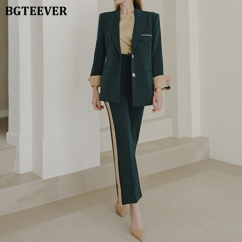 BGTEEVER Elegáns Patchwork női nadrágkosztüm őszi téli hosszú ujjú karcsú blézer és egyenes nadrág 2021 női 2 részes szett