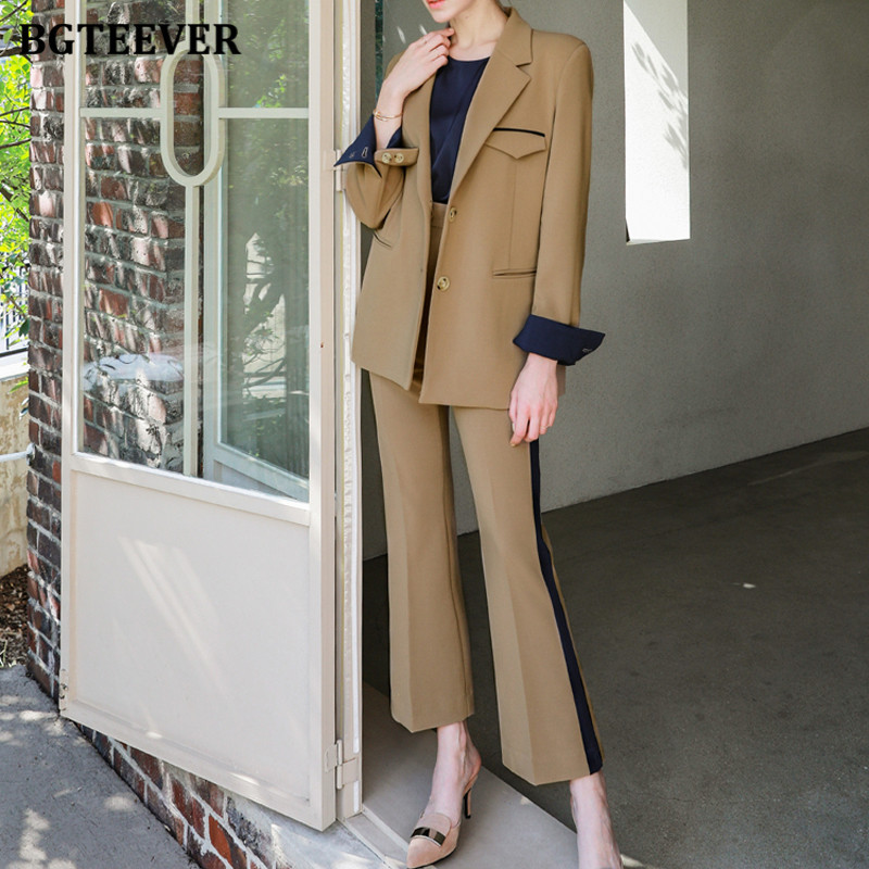 BGTEEVER Elegáns Patchwork női nadrágkosztüm őszi téli hosszú ujjú karcsú blézer és egyenes nadrág 2021 női 2 részes szett