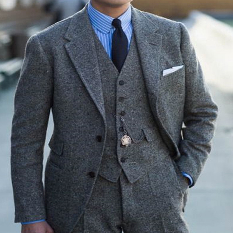 2022-es szürke gyapjú tweed férfi öltöny esküvőre, fogazott hajtóka, egyedi gyártású 3 részes vőlegény szmoking férfi divatos kabát