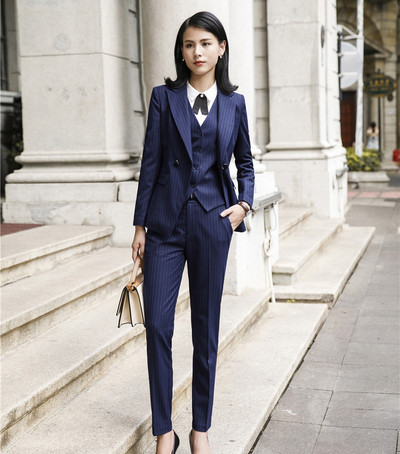 Irodai stílusú csíkos fekete blézer nadrág öltöny női 3 részes szett Mellény nadrág kabát üzleti női munkaruha 2021 tél