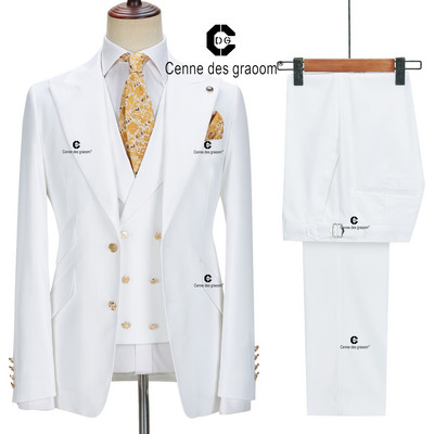 Cenne Des Graoom új férfi öltönyök karcsú szabású 3 részes készlet arany gombos tömör kabát mellény nadrág Esküvői elegáns ruha alkalmi alkalmi 999