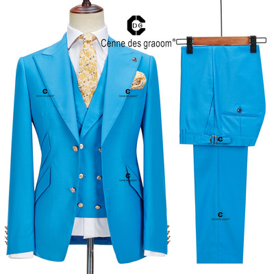 Cenne Des Graoom új férfi öltönyök karcsú szabású 3 részes készlet arany gombos tömör kabát mellény nadrág Esküvői elegáns ruha alkalmi alkalmi 999