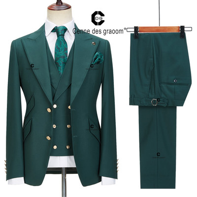Cenne Des Graoom új férfi öltönyök karcsú szabású 3 részes készlet arany gombos tömör kabát mellény nadrág Esküvői elegáns ruha alkalmi alkalmi 999