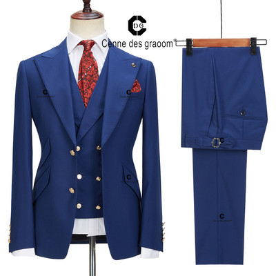 Cenne Des Graoom új férfi öltönyök karcsú szabású 3 részes készlet arany gombos tömör kabát mellény nadrág Esküvői elegáns ruha alkalmi alkalmi 999