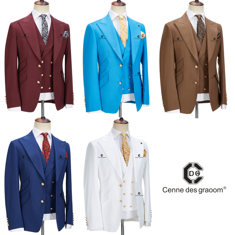 Cenne Des Graoom új férfi öltönyök karcsú szabású 3 részes készlet arany gombos tömör kabát mellény nadrág Esküvői elegáns ruha alkalmi alkalmi 999