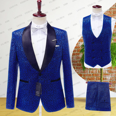 SILIWEYA 2023, újdonság, férfi öltönyök, fekete kendő, divatos, kék, jacquard mintás, Flora vőfélyek esküvői legjobb férfi dzseki+nadrág+mellény