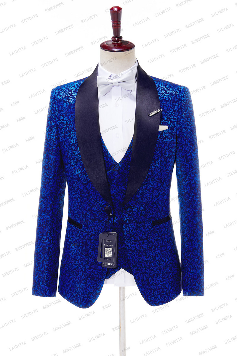 SILIWEYA 2023, újdonság, férfi öltönyök, fekete kendő, divatos, kék, jacquard mintás, Flora vőfélyek esküvői legjobb férfi dzseki+nadrág+mellény