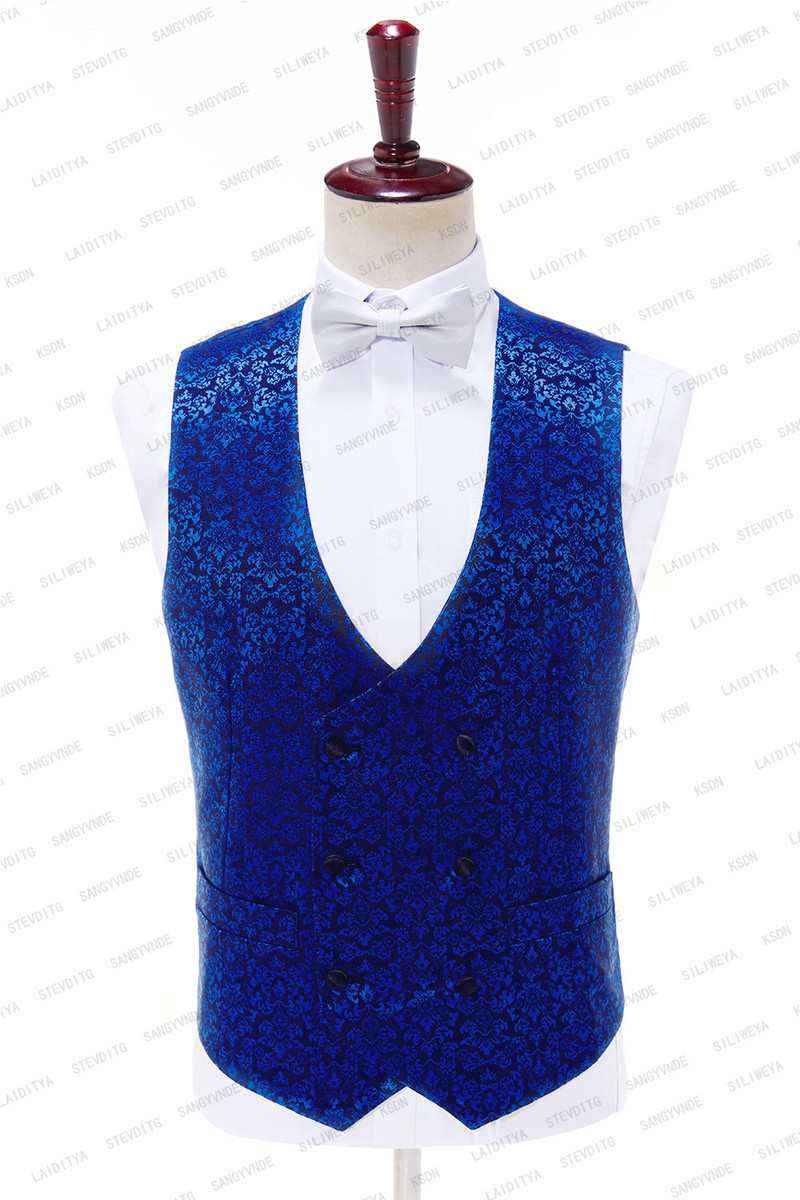 SILIWEYA 2023, újdonság, férfi öltönyök, fekete kendő, divatos, kék, jacquard mintás, Flora vőfélyek esküvői legjobb férfi dzseki+nadrág+mellény