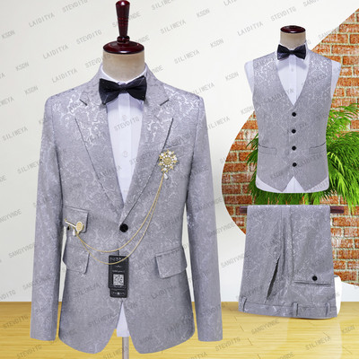 2023-as újdonság férfi öltönyök szürke esküvői szmoking vőlegénynek szatén hajtóka Vőlegények esküvői legjobb férfi (kabát+nadrág+mellény)