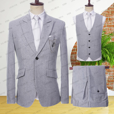 2023 Világosszürke csíkos férfi öltöny 3 részes öltöny Terno Slim Fit formális irodai esküvői vőlegény szmoking frakk férfi divat ruhához