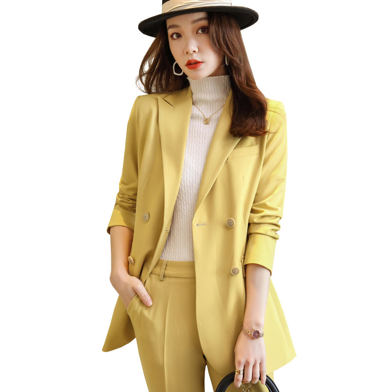 Kiváló minőségű blézer dzseki és nadrág irodai női nadrágkosztüm női kék sárga fekete üzleti karrier, hivatalos, 2 részes szett