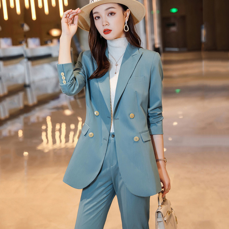 Kiváló minőségű blézer dzseki és nadrág irodai női nadrágkosztüm női kék sárga fekete üzleti karrier, hivatalos, 2 részes szett