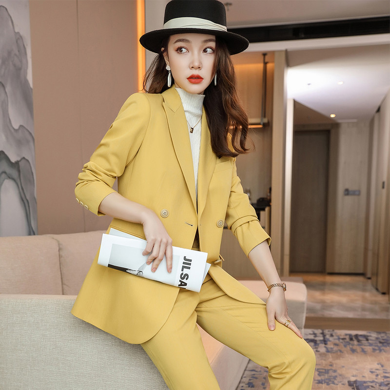 Kiváló minőségű blézer dzseki és nadrág irodai női nadrágkosztüm női kék sárga fekete üzleti karrier, hivatalos, 2 részes szett