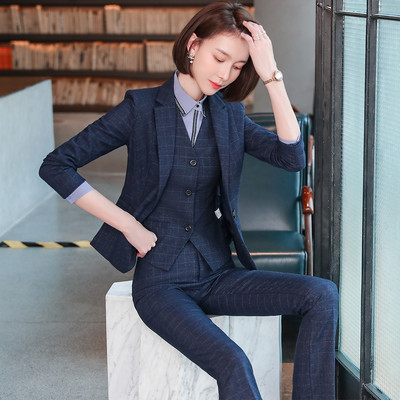 Üzleti munkakarrier 3 részes női nadrágkosztüm, kockás blézer mellény és nadrág, kiváló minőségű női őszi téli ünnepi szett