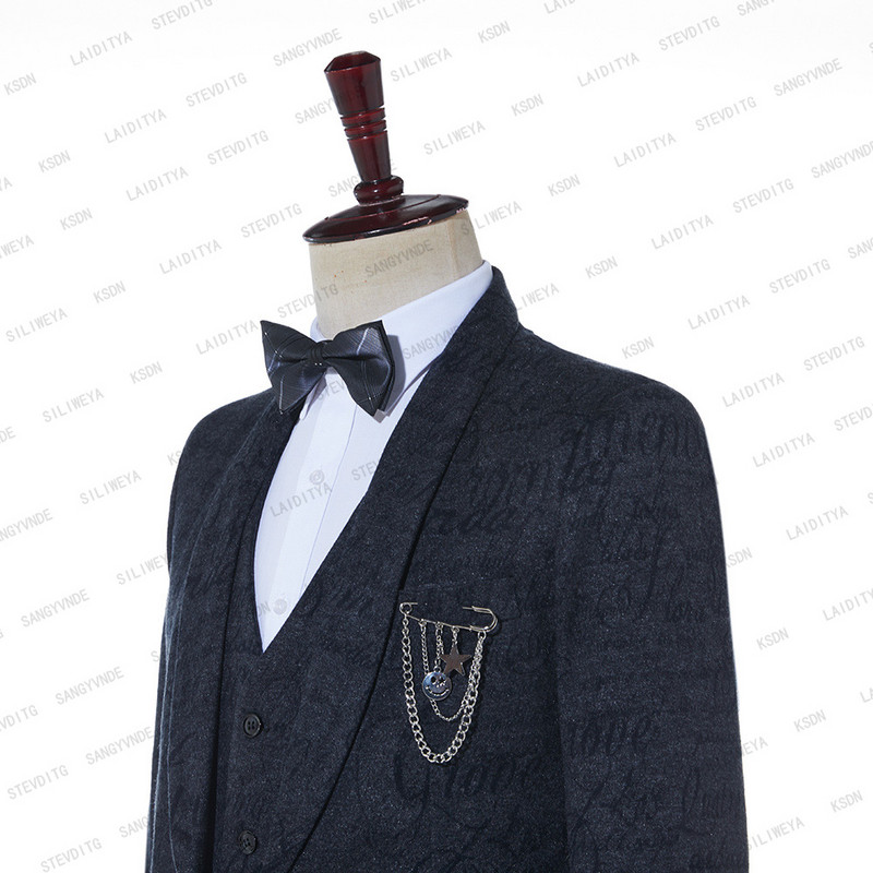 Sötétszürke jacquard bronzosító virágos blézer férfi 2023 luxusmárka egygombos öltöny dzseki férfi esküvői bársony hajtóka 3 részes