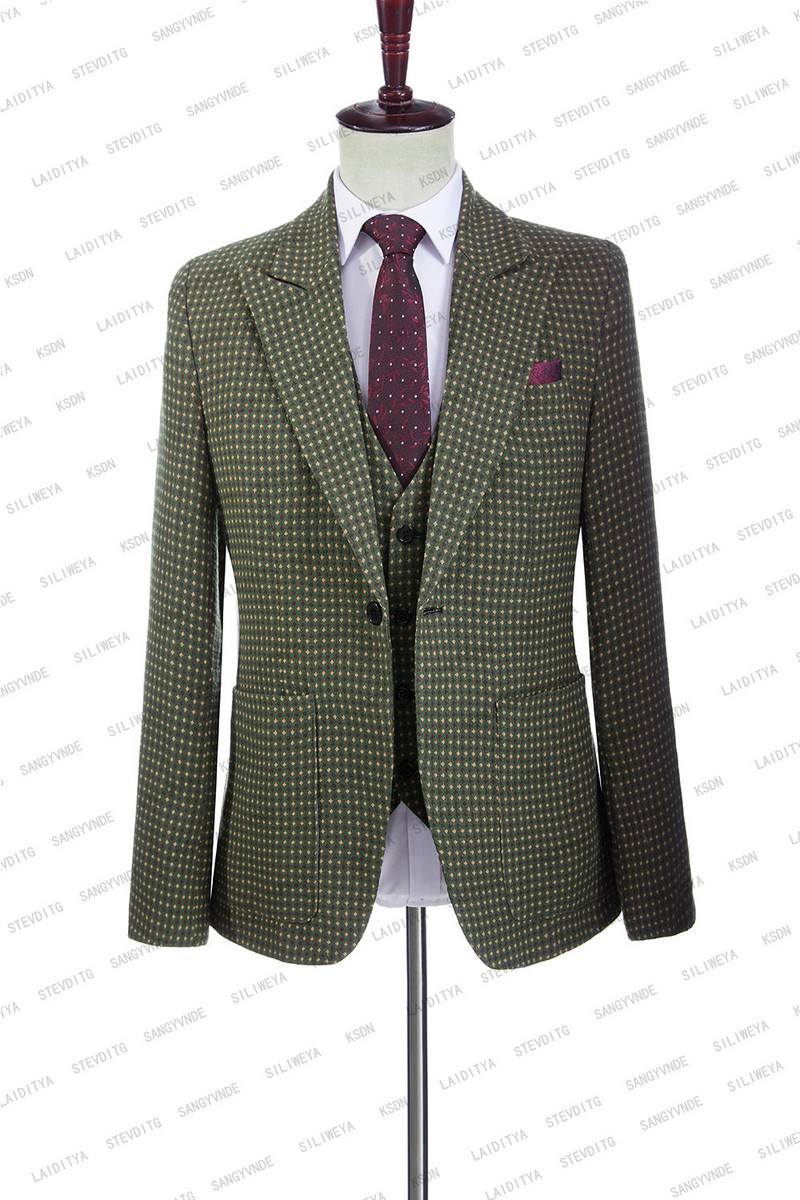 2023 Férfi pöttyök nyomott zöld üzleti blézerek Férfi karcsú szabású tiszta pamut háromrészes öltöny Férfi kockás vőlegényruha Dzsekik+mellény+nadrág