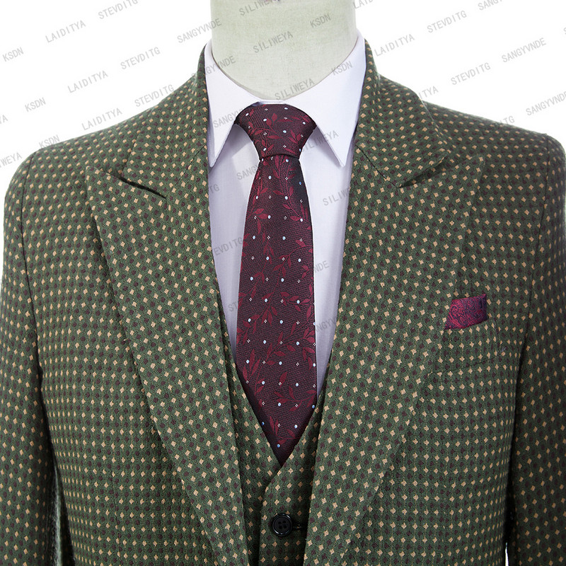 2023 Férfi pöttyök nyomott zöld üzleti blézerek Férfi karcsú szabású tiszta pamut háromrészes öltöny Férfi kockás vőlegényruha Dzsekik+mellény+nadrág