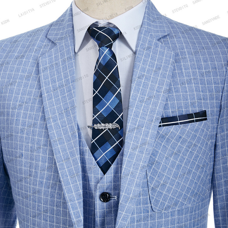 2023 Klasszikus rácsos farmerkék férfi öltönyök háromrészes divatos esküvői öltöny dzseki férfi szmoking kiváló minőségű alkalmi alkalom