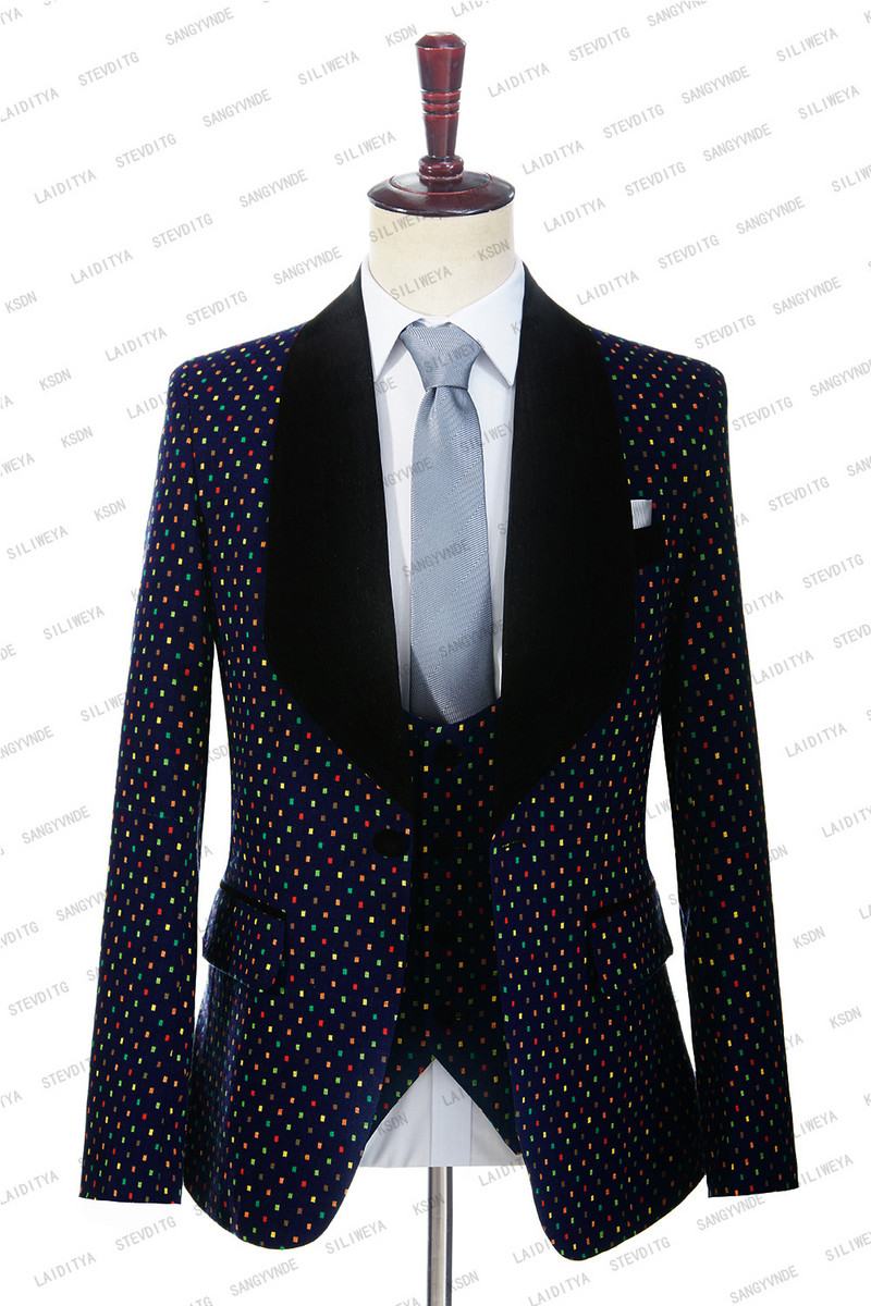 2023-as új kékeszöld pöttyös férfi öltöny karcsú, esküvői viselet Üzleti férfi sötétkék öltöny, elegáns Mariage Homme kosztüm, 3 részes