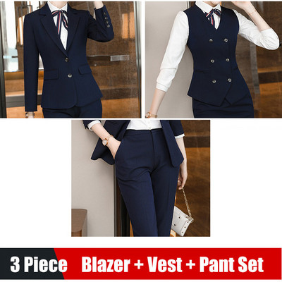 Női fekete blézer női üzleti öltönyök 3 részes mellény nadrág és kabát készletek munkaruha irodai egyenruha