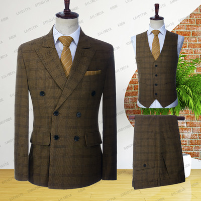2023Boutique Peak Lape Lattice formális üzleti férfi öltöny 3 részes szett Vőlegény esküvői ruha kockás öltöny bemutató színpad (kabát+mellény+nadrág)
