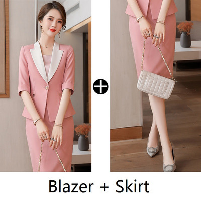 Új 2021 tavaszi nyár női szoknya öltönyök rózsaszín blézer és dzseki szettek női üzleti munkaruha fél ujjú egyenruha