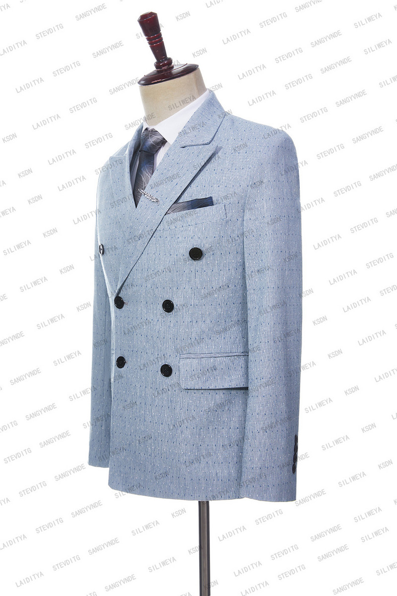 2023-as kék vászon férfi öltönyök vőlegény szmoking testre szabott esküvői egyedi duplasoros férfi blézer 3 részes Terno Masculino