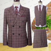 Férfi esküvői új 2023 nyári üzleti formális kék kockás vászon öltöny luxus fitt kabát nadrág férfi ruha blézer nadrág mellény 3 részes