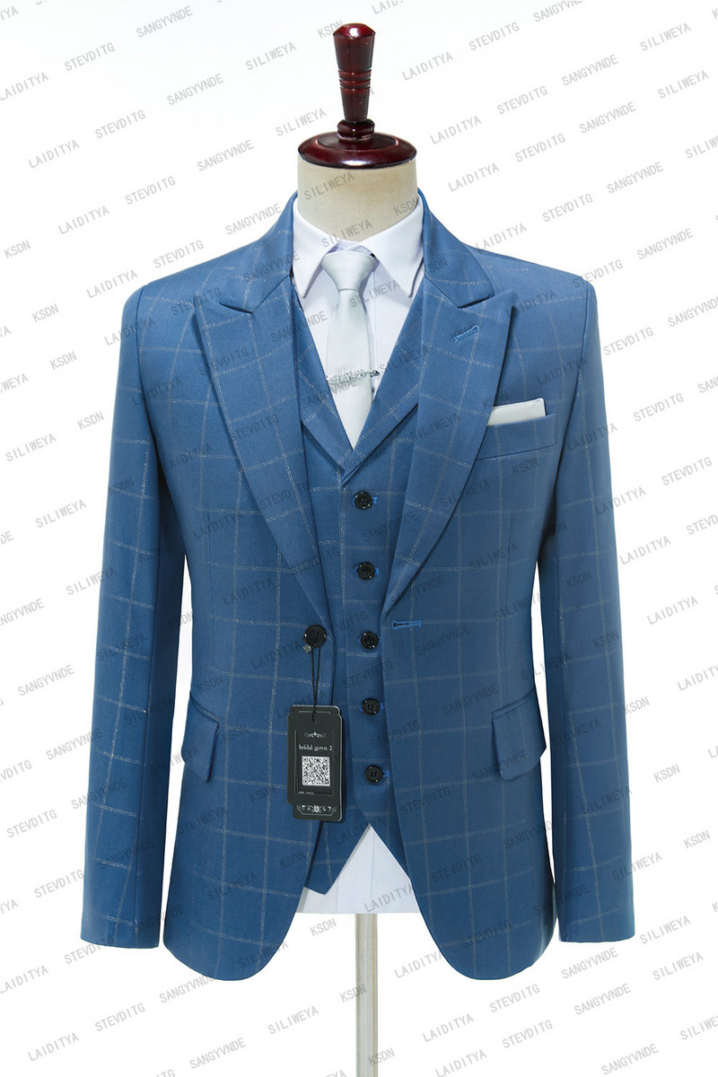 SILIWEYA 2023 új stílusú kék rácsos öltönyök férfi ruhák férfi öltönyök klub Terno vőfélyek esküvői legjobb férfi (kabát+nadrág+mellény)